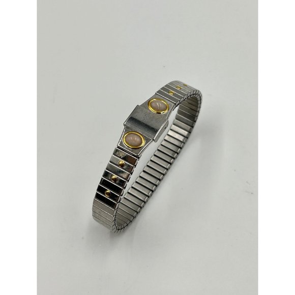 Vintage Stainless Steel Stretch Bracelet Gold & Pink Quartz Accents One Size - Picture 2 of 7